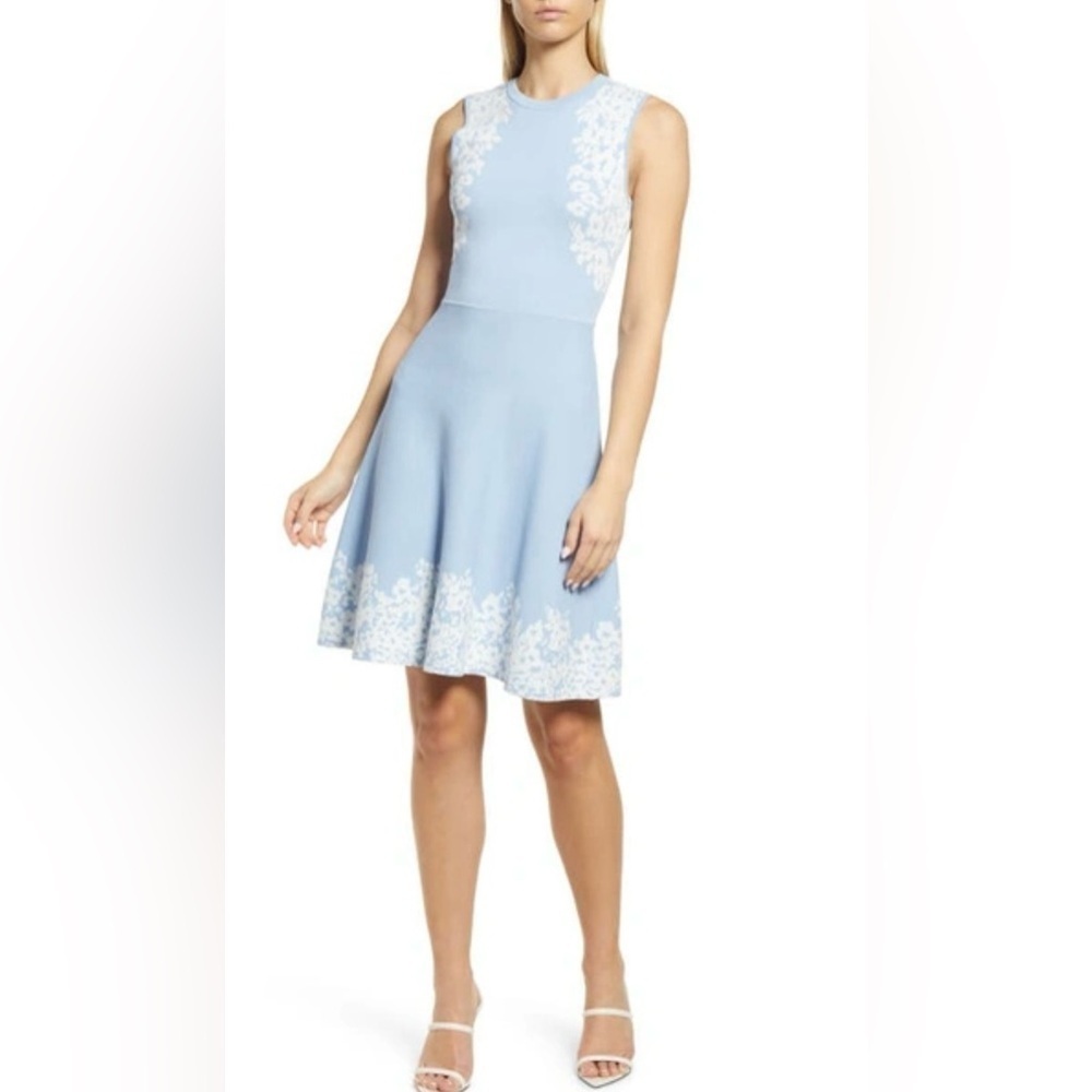 NEW ELIZA J FLORAL BORDER KNIT FIT & FLARE MINIDRESS IN BLUE sz M